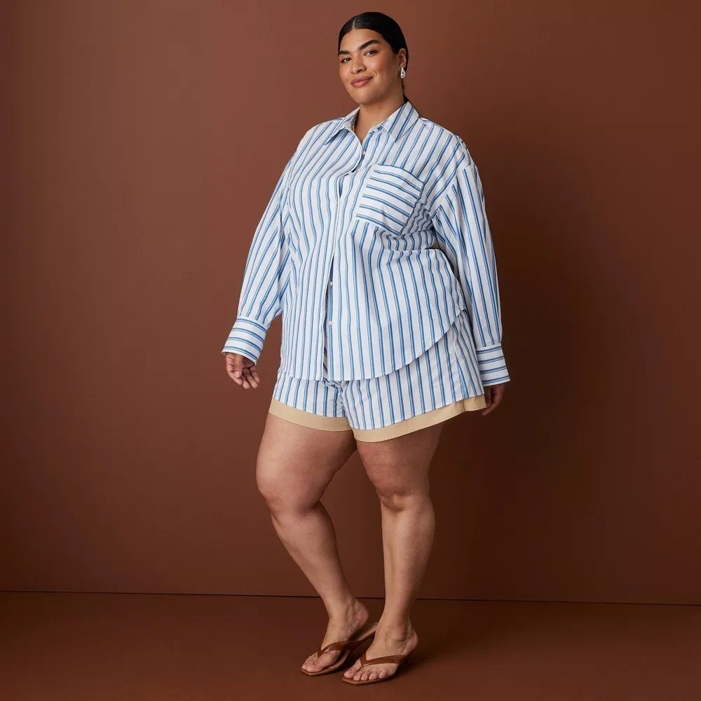Rosie Assoulin Target L Large LS Oversized Poplin Button-Down Striped Shirt Blue - Picture 10 of 11